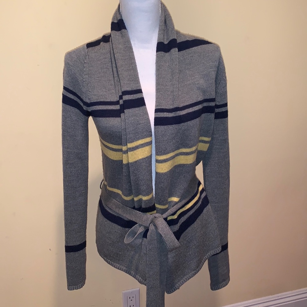 BCBGMAXAZRIA Wool Open Front Cardigan Scarf Style Necline Grey Blue Yellow